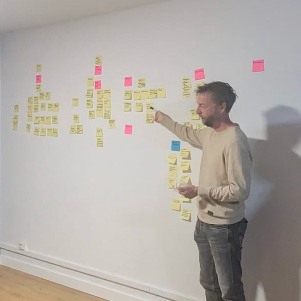 Workshop session with sticky notes on wall